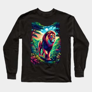 Proud Lion Prowling In The Moonlight King of the Jungle Lion Long Sleeve T-Shirt